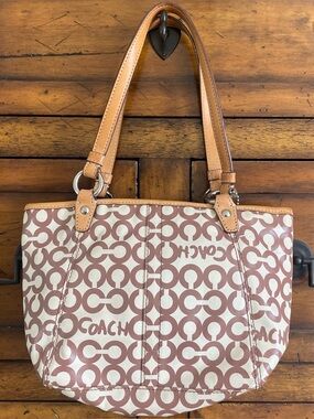 Coach Cream and Tan Signature Logo Small Tote